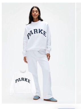 PARKE White Mockneck Sweatshirt with Denim Lettering